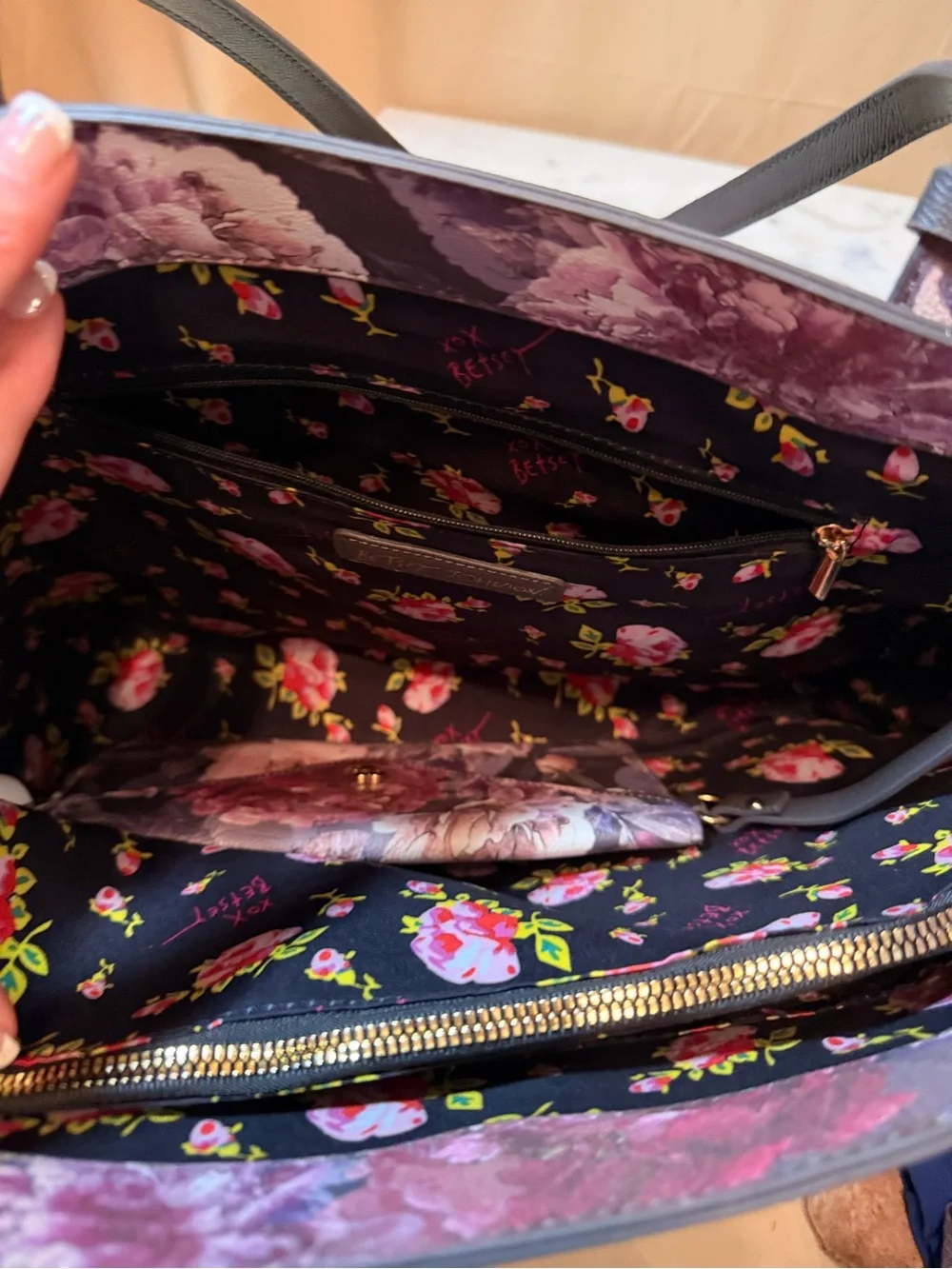 Betsey Johnson grey Tote with Gold Plaque